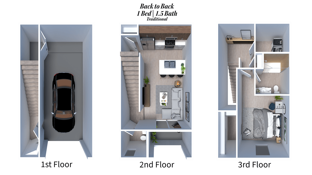 Floor plan for 1 bed, 1.5 baths, 775 sqft